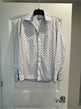 Johnston & Murphy Mens L Slim Fit White Blue Textured Cotton Button Down Shirt